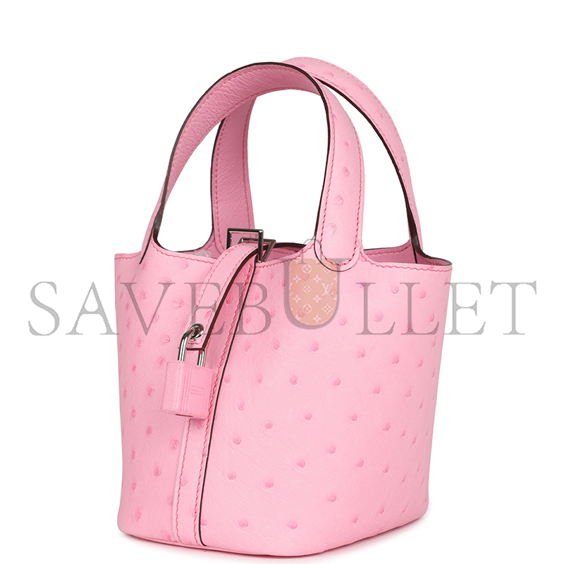 HERMÈS MASTER MICRO PICOTIN LOCK 14 BUBBLEGUM OSTRICH PALLADIUM HARDWARE (14*12*10cm) 